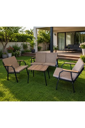 DURU 2-1-1 BAHÇE BALKON MOBİLYASI,SEHPALI,SİYAH İSKELET,KUMAŞ RENGİ 03 CAPPUCCİNO