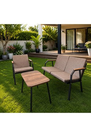 DURU 2-1-1 BAHÇE BALKON MOBİLYASI,SEHPALI,SİYAH İSKELET,KUMAŞ RENGİ 03 CAPPUCCİNO