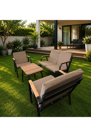DURU 2-1-1 BAHÇE BALKON MOBİLYASI,SEHPALI,SİYAH İSKELET,KUMAŞ RENGİ 03 CAPPUCCİNO