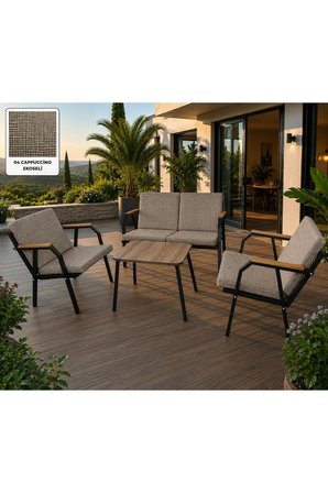 DURU 2-1-1 BAHÇE BALKON MOBİLYASI,SEHPALI,SİYAH İSKELET,KUMAŞ RENGİ 03 CAPPUCCİNO