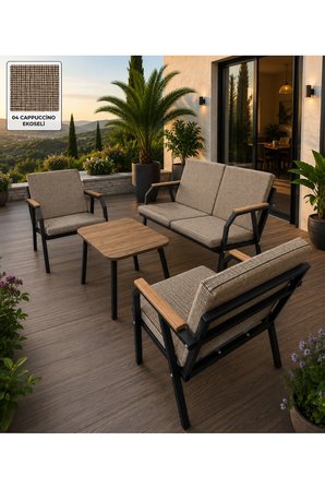 DURU 2-1-1 BAHÇE BALKON MOBİLYASI,SEHPALI,SİYAH İSKELET,KUMAŞ RENGİ 03 CAPPUCCİNO