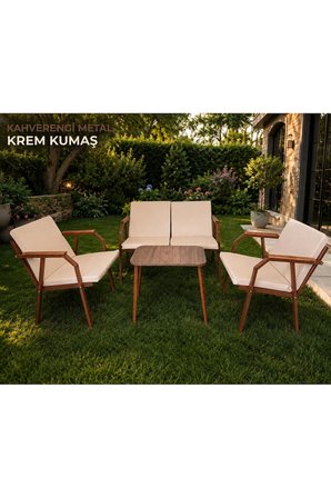 DURU 2-1-1 BAHÇE BALKON MOBİLYASI,SEHPALI,KAHVE İSKELET,KUMAŞ RENGİ 05 KREM