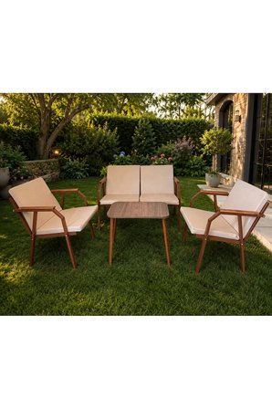 DURU 2-1-1 BAHÇE BALKON MOBİLYASI,SEHPALI,KAHVE İSKELET,KUMAŞ RENGİ 05 KREM