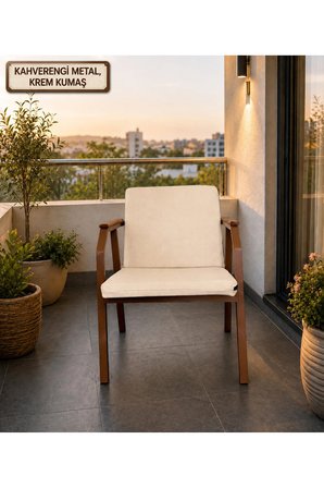 DURU TEKLİ BAHÇE BALKON MOBİLYASI,KAHVE İSKELET,KUMAŞ RENGİ 05 KREM