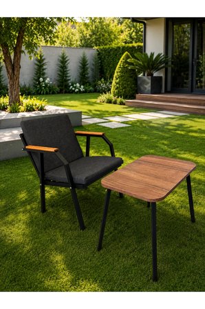 DURU 1-1 BAHÇE BALKON MOBİLYASI,SEHPALI,SİYAH İSKELET,KUMAŞ RENGİ 02 ANTRASİT EKOSELİ