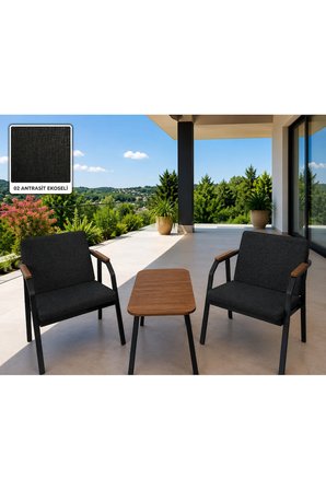 DURU 1-1 BAHÇE BALKON MOBİLYASI,SEHPALI,SİYAH İSKELET,KUMAŞ RENGİ 02 ANTRASİT EKOSELİ