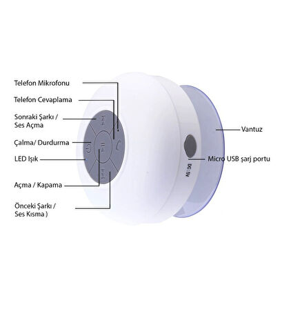 Su Geçirmez Şarjlı Mini Bluetooth Duş Hoparlörü Beyaz Renk