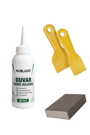 4'lü Duvar Tamir Seti 220 gr Beyaz Dolgu Macunu, 2 Plastik Spatula ve Kübik Zımpara Çatlak, Çivi ve Vida Deliği, Sıva-Alçı Onarımı Suya Dayanıklı, Zımparalanabilir, Boyanabilir