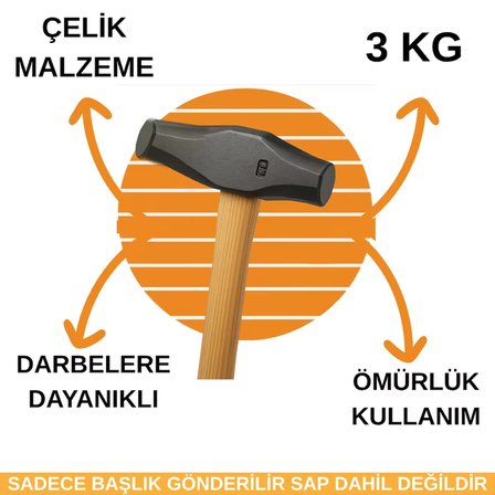 3kg Balyoz Başlığı Çelik Uçlu Yassı Çift Taraflı Kullanım Profesyonel Yıkım İnşaat Şantiye Sanayi