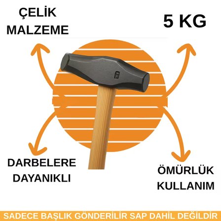 5kg Balyoz Başlığı Çelik Uçlu Yassı Çift Taraflı Kullanım Profesyonel Yıkım İnşaat Şantiye Sanayi