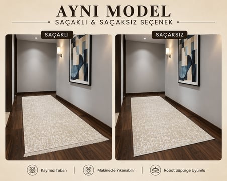 Düz Desen Bej Yıkanabilir Kaymaz Taban Kesme Halı Yolluk
