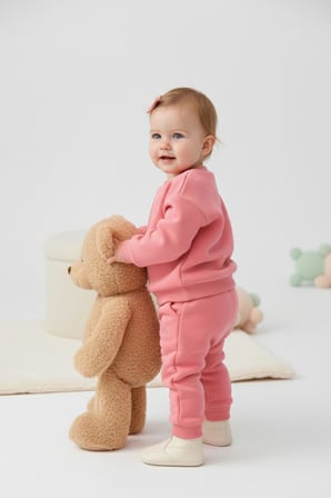 Kız Bebek Pudra Pembe Eşofman Takımı Pamuklu Yumuşak Dokulu Uzun Kollu Sweatshirt Lastikli Pantolon
