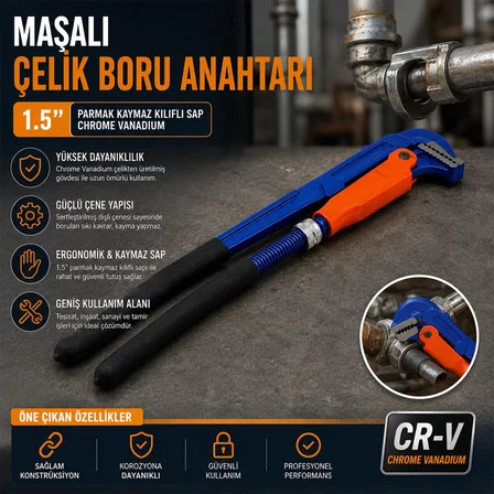 Hcs Prolıne Cr-V Maşalı Çelik Boru Anahtarı 1.5" Parmak Pıpe Wrench Chrome Vanadıum