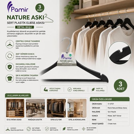Pamir PMR-128 Natural Elbise Askısı 3 Adet Metal Başlı Sert Plastik