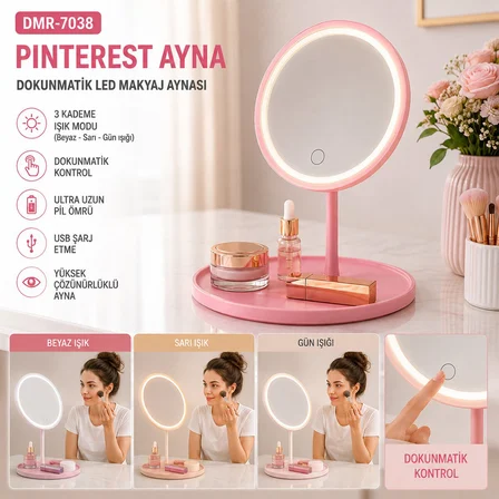Barotti DMR-9050 Dokunmatik LED Makyaj Aynası 17.5cm Takılık Sepetli 17x17cm Ayak 15cm 360° 3 Kademe
