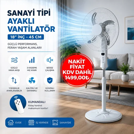 Sahip Ayaklı Vantilatör Fan 45 cm Y:137cm 65W SP-53 18" İnc 3-KADEME Hız 5-METAL Pervane Kumandalı