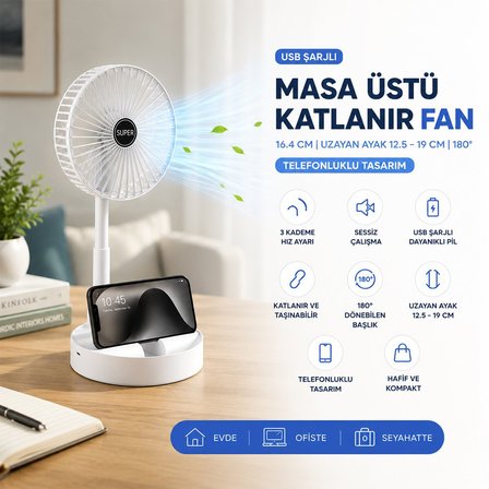 Blic BWFN-11 Masa Üstü Vantilatör Katlanır Fan 16.4cm Uzayan Ayak 12.5-19cm 180° USB Şarjlı