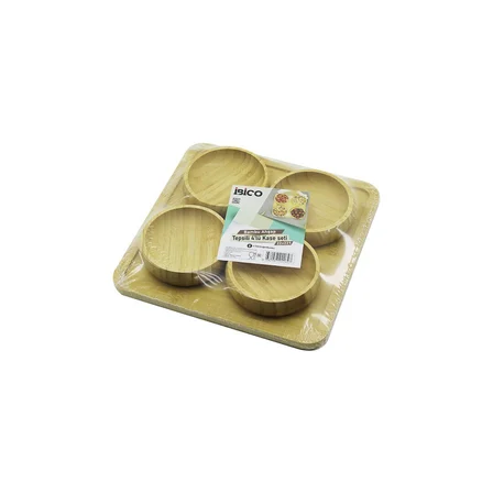 İbico İ22-264 Kase Seti D: 2cm Tepsi 22x22cm Çerezlik Çap: 8.5cm 4 Adet Tepsili Lokumluk Ahşap Bambu