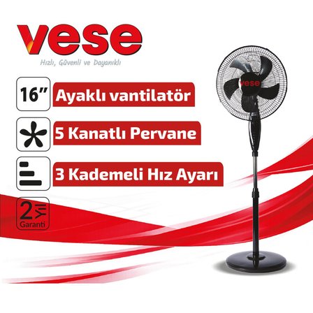 Vese VNT-004 Ayaklı Vantilatör Fan 45W 16" İNÇ 3 Kademe Hız 5 Pls.Pervane Ev Tipi