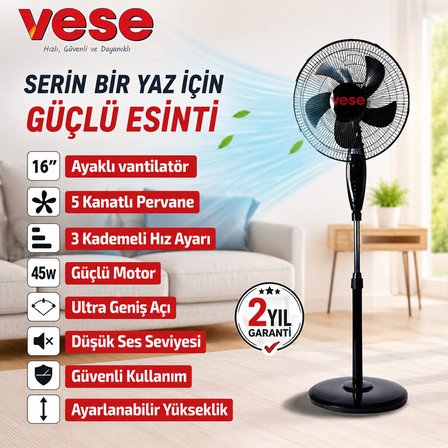 Vese VNT-004 Ayaklı Vantilatör Fan 45W 16" İNÇ 3 Kademe Hız 5 Pls.Pervane Ev Tipi