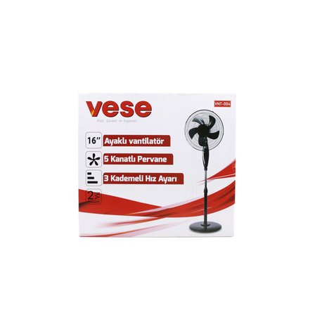 Vese VNT-004 Ayaklı Vantilatör Fan 45W 16" İNÇ 3 Kademe Hız 5 Pls.Pervane Ev Tipi