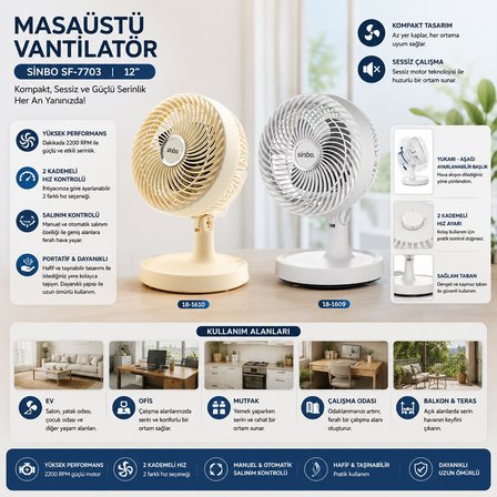 Sinbo SF-7703 Masaüstü Vantilatör 12" Ofis Sessiz Kompakt İki Kademe Ev Bej