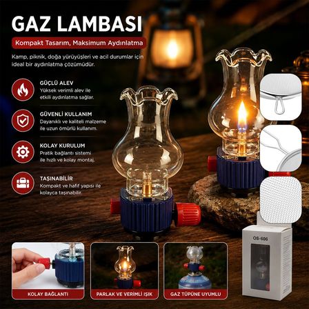 Hasuba HS-346 909-SO OS-606 Dekoratif Gaz Lambası Taşınabilir ve Cam Hazneli Isıya Dayanıklı