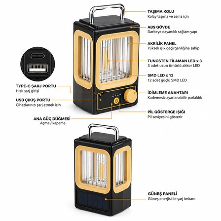 Hasuba HS-234 Nostalji Solar Lamba 1500MAH USB Şarjlı Güneş Enerjili