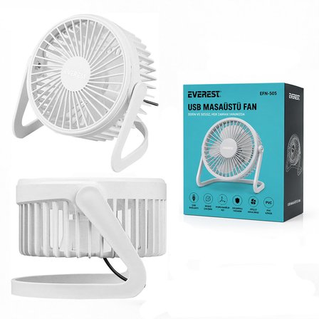 Everest EFN-505 Masa Üstü Fan ve Vantilatör 14.5x14.1cm PVC Gövde USB Şarjlı