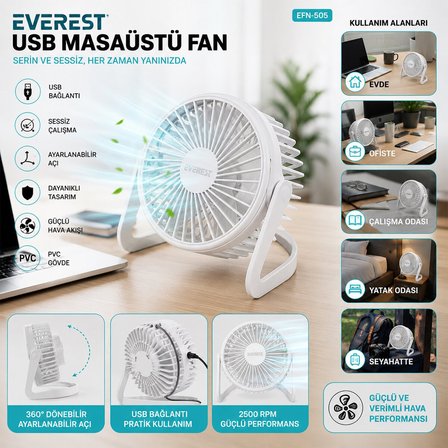 Everest EFN-505 Masa Üstü Fan ve Vantilatör 14.5x14.1cm PVC Gövde USB Şarjlı