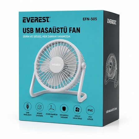 Everest EFN-505 Masa Üstü Fan ve Vantilatör 14.5x14.1cm PVC Gövde USB Şarjlı