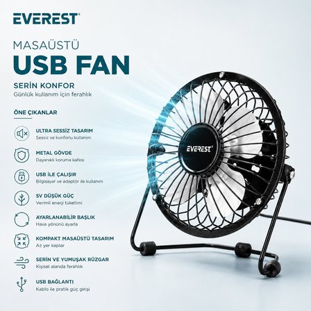 Everest EFN-482 Mini Masaüstü Fan ve Vantilatör 14.5x7.5x15cm USB Şarjlı Metal Gövde