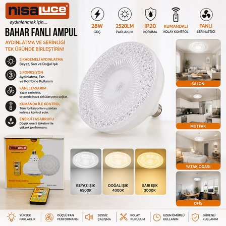 Nisaluce E-112 Bahar Fanlı Vantilatör Ampul 38x15cm 28W IP20 2520LM 3 Kademeli 3 Fonksiyon Tavan