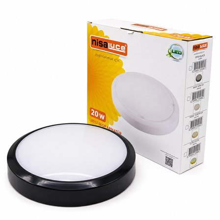 Nisaluce E1212/S (20W) (Siyah Metal Kasa) (Sıva Üstü) (Yuvarlak) Ledli Glop Armatür (IP20) (6500K & 