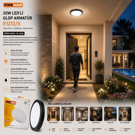 Nisaluce E1212/S (20W) (Siyah Metal Kasa) (Sıva Üstü) (Yuvarlak) Ledli Glop Armatür (IP20) (6500K & 