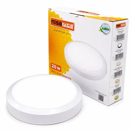 Nisaluce E1212/B (20W) (Beyaz Metal Kasa) (Sıva Üstü) (Yuvarlak) Ledli Glop Armatür (IP20) (6500K & 