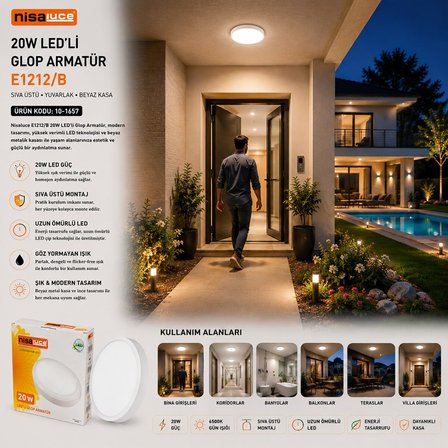 Nisaluce E1212/B (20W) (Beyaz Metal Kasa) (Sıva Üstü) (Yuvarlak) Ledli Glop Armatür (IP20) (6500K & 