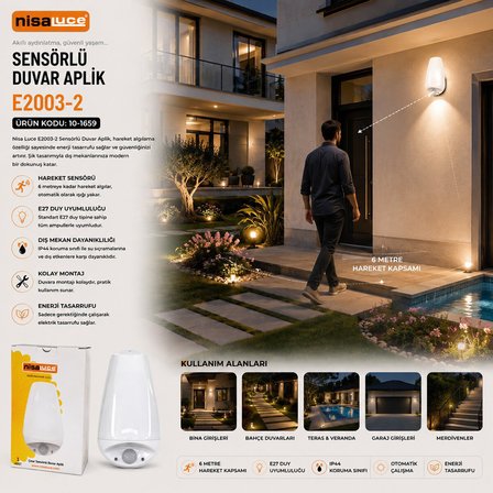 Nisaluce E2003-2 (E27 & IP20) (Soft) (0,4W & 50W) Çınar Sensörlü LED Aplik Duvar Lambası