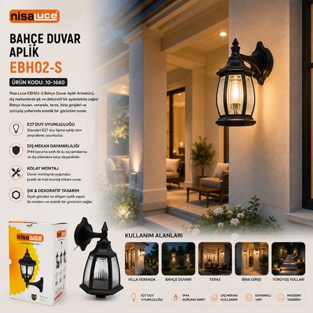Nisaluce EBH02-S (E27 & IP44) (Siyah) (60W) (Duvar Aplik) (Bahçe-Balkon) Sokak Lambası & Armatür