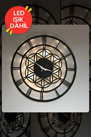 Led Işıklı Çiçek Duvar Saati Sessiz Dekoratif Modern Siyah Ahşap Duvar Saati 40x40cm