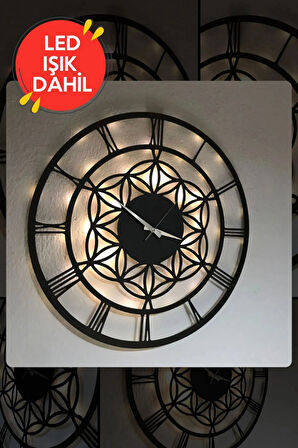 Led Işıklı Çiçek Duvar Saati Sessiz Dekoratif Modern Siyah Ahşap Duvar Saati 40x40cm