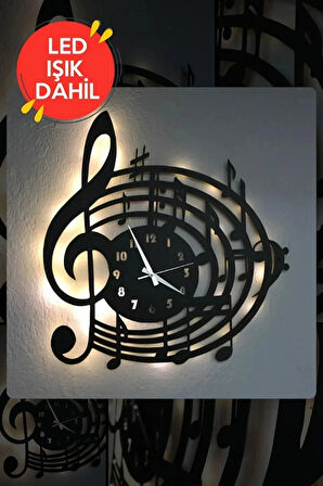 Led Işıklı Ahşap Müzik Duvar Saati Sessiz Dekoratif Modern Siyah Duvar Saati 40x40cm