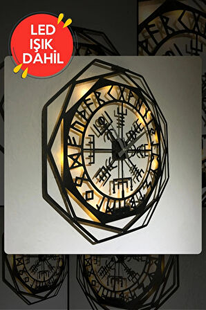 Sekizgen Vegvisir Led Işıklı Duvar Saati Sessiz Dekoratif Siyah Metal Duvar Saati 40x40cm