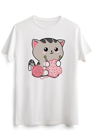 Erkek Beyaz Cute Cat Knitting Kitten