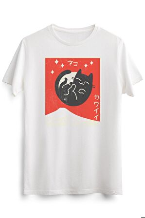 Erkek Beyaz Vintage Japanese Cat Kawaii Anime