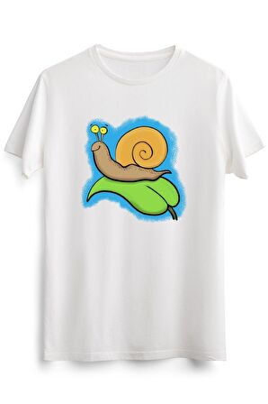 Erkek Beyaz Cute, Happy Snail On A Leaf Cartoon Illustration