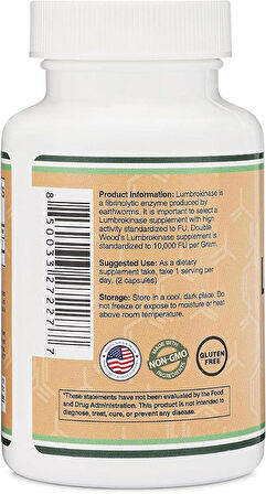 Double Wood Lumbrokinase Enzymes 10,000 FU Cardiovascular and Blood Circulation Support 120 Caps