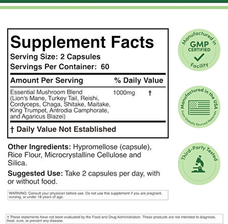 Double Wood Mushroom Lion's Mane Reishi Cordyceps and Turkey Tail 120 Caps