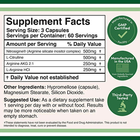 Double Wood Nitric Oxide Booster with Nitrosigine L Arginine and L Citrulline 180 Caps
