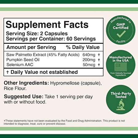 Double Wood Prostate Support Saw Palmetto Pumpkin Seed Oil Selenium 120 Caps